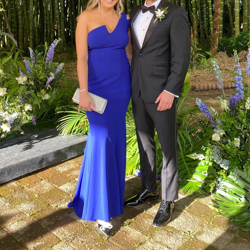 Betsy & Adam Cobalt Blue One Shoulder Gown